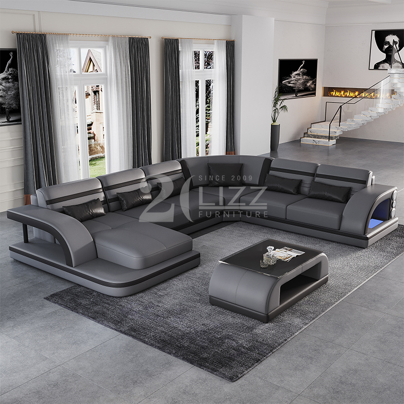 Sofá de cuero moderno para sala de estar con chaise