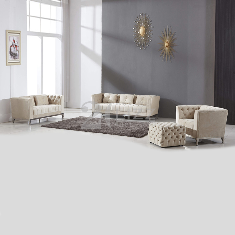 Sofá de sala de estar de tela Chesterfield con pies dorados